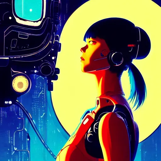 Image similar to side portrait scifi cyborg girl with robotic parts and spacesuit | | head only in center of image, audrey plaza, fine detail!! anime!! realistic shaded lighting!! poster by ilya kuvshinov katsuhiro otomo ghost - in - the - shell, magali villeneuve, artgerm, jeremy lipkin and michael garmash and rob rey