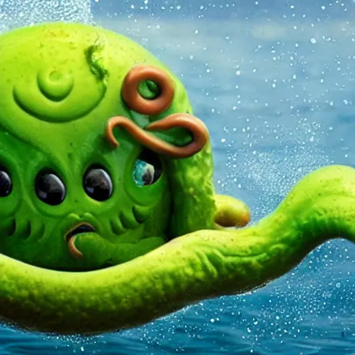 Prompt: cute baby cthulu splashing in the ocean