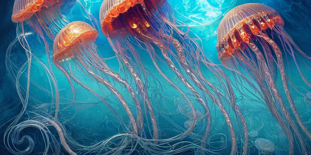 Prompt: a beautiful hyperrealistic ultradetailed 3d art of gigantic glowing complex multi-layered intricate jellyfish creatures with long flowing tendrils, by Justin Gerard and Laurie Greasley and Peter Mohrbacher and Dan Mumford, tarot card art, detailed shading, vray octane, redshift. micro details, dramatic lighting, volumetric lighting, 8k