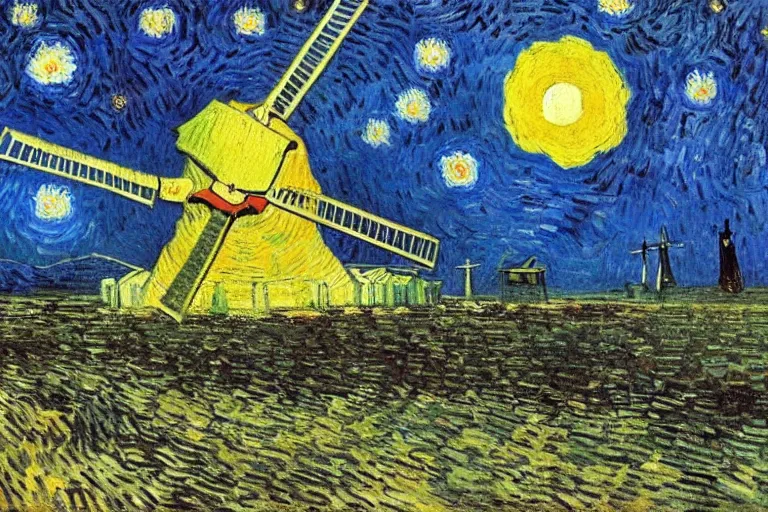 Image similar to windmill on the surface of the moon, circus, magical, warm light by van gogh