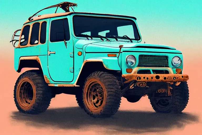 Image similar to digital illustration of a faded cyan mad max's fj 4 0 decrepit!!!! pursuit special, rusty!!! nissan fj cruiser heavily modded 1 9 9 0 s, the last v 8 interceptor by makoto shinkai, ilya kuvshinov, lois van baarle, rossdraws, basquiat