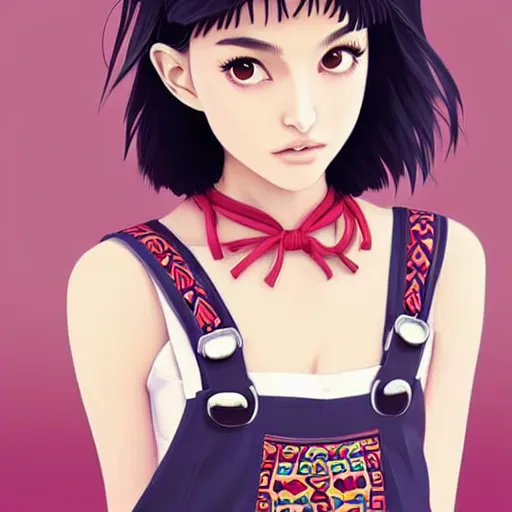 Image similar to a beautiful young japanese natalie portman alluring gravure model, wearing elegant designer overalls, elegant overalls with mesoamerican patterns, mesoamerican native street fashion, princess mononoke, by and wlop and ilya kuvshinov and artgerm and, aesthetic, gorgeous, stunning, alluring, attractive, artstation, pinterest, digital art