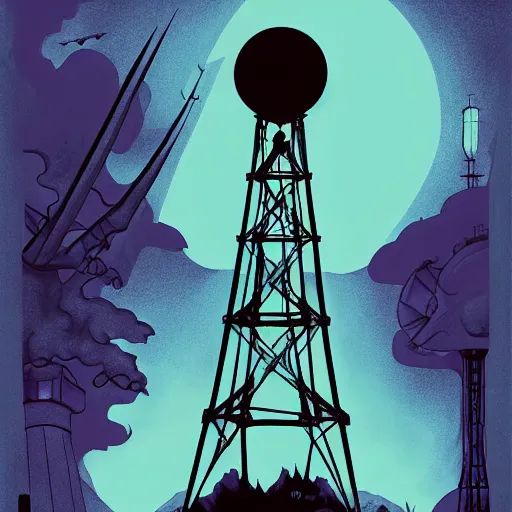 Image similar to abigail larson, don bluth, artgerm, purple color pallete, welcome to night vale, radio tower with black hole above it, helicopter, spooky strange weird quirky, cartoon, 2 d, chiral lighting