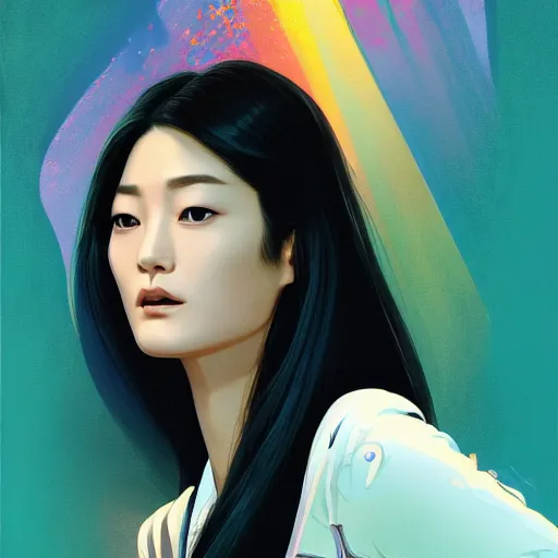 Prompt: half - electric jun ji hyun with cute - fine - face, pretty face, oil slick hair, perfect face, extremely fine details, volumetric lighting, dynamic background, poster by ilya kuvshinov katsuhiro otomo, magali villeneuve, artgerm, jeremy lipkin and michael garmash and rob rey, and silvain sarrailh