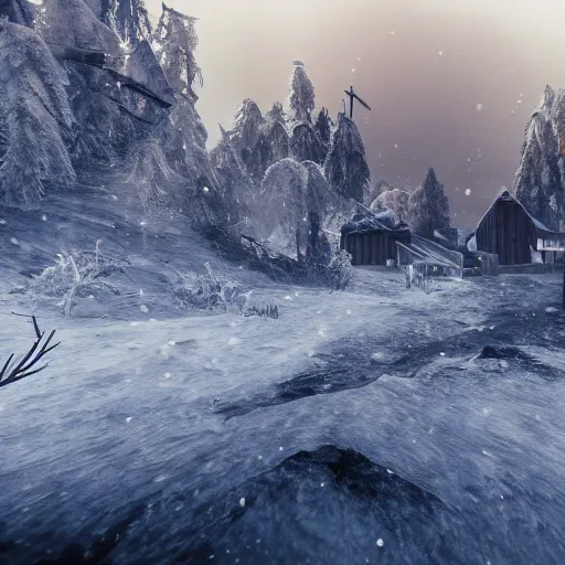 Image similar to frostpunk wood resources, a lot of snow, coast, abandoned