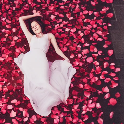 Image similar to woman laying in a pool of rose petals, movie poster, realistic, soft lighting, professional, full body, view from top