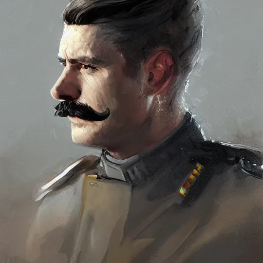 Prompt: portrait of a man by greg rutkowski, british features, short black hair in military style, moustache, perfect military composure, wearing gray imperial captain uniform, star wars expanded universe, he is about 4 0 years old, highly detailed portrait, digital painting, artstation, concept art, smooth, sharp foccus ilustration, artstation hq