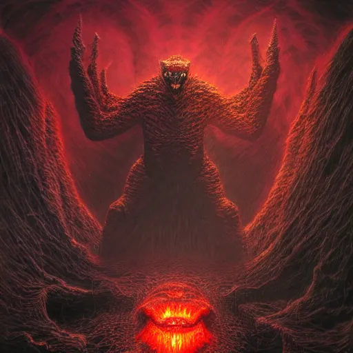 Image similar to Photorealistic demonic kaiju in the style of Michael Whelan and Gustave Dore. Hyperdetailed photorealism, 108 megapixels, amazing depth, glowing rich colors, powerful imagery, psychedelic Overtones, 3D finalrender, 3d shading, cinematic lighting, artstation concept art