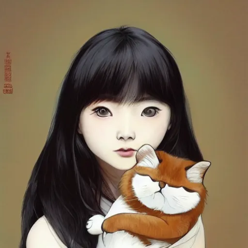 Image similar to cute emo taiwanese woman, with long dark hair, thick eyebrows!!! dark eyes and dark circles!, wide nose!!!, big eyes, oval face shape, big cheeks!, she is holding a cat in her arms, by juan villafuerte, greg rutkowski and alphonse mucha, pexels contest winner, high quality photo, hd rtx