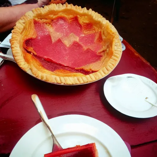 Prompt: eating a satanic rhubarb pie with the locals