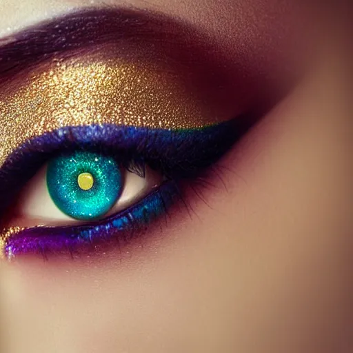 Prompt: close view of an eye of a woman with complex makeup, gems, gold, bright colors ultrawide lens, details, studio lighting, realism, complex lights