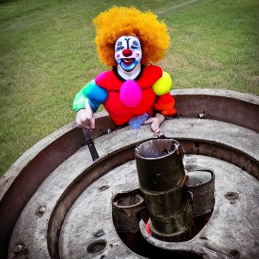 Prompt: clown peeking head out of artillery barrel