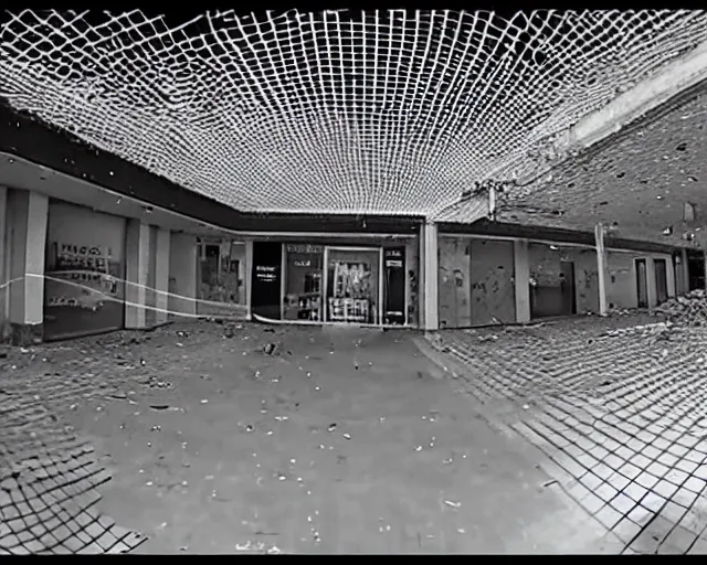 Prompt: camera footage of an abandoned shopping mall overtaken by spiders and webs, high exposure, dark, monochrome, camera, grainy, CCTV, security camera footage, timestamp, zoomed in, fish-eye lense, spiders!!, webs!!