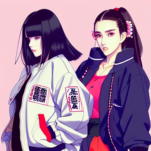 Image similar to a beautiful plus sized model japanese natalie portman, alluring, wearing oversized mayan bomber jacket and leotard with overalls, bulky poofy bomber jacket with mayan patterns, aztec street fashion, gapmoe yandere grimdark, trending on pixiv fanbox, painted by greg rutkowski makoto shinkai takashi takeuchi studio ghibli, akihiko yoshida