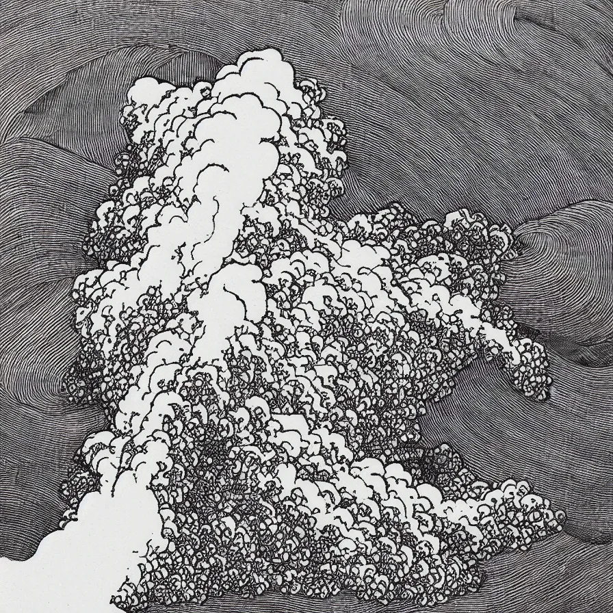 Image similar to japanese black and white lineart of an erupting volcano, hokusai style