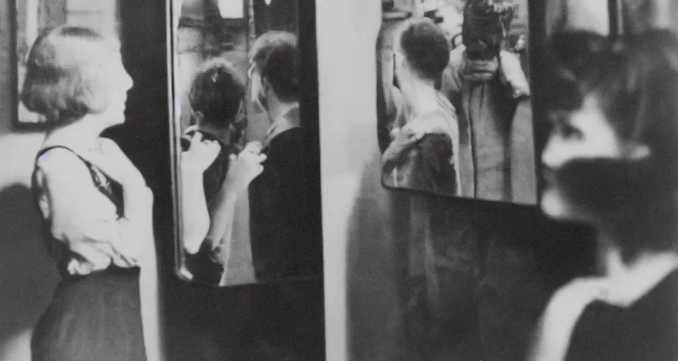 Image similar to vintage photo of a person looking into a mirror and a friend frightening creature is looking back at them