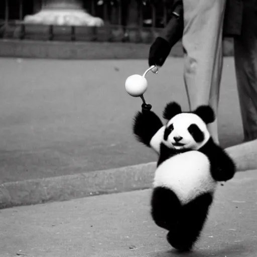 Prompt: of a black and white flash photograph by diane arbus of a panda holding a toy hand grenade in central park.