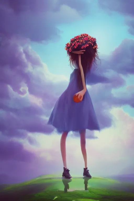 Image similar to closeup giant dahlia flower under head, girl standing on mountain, surreal photography, blue storm clouds, dramatic light, impressionist painting, digital painting, artstation, simon stalenhag