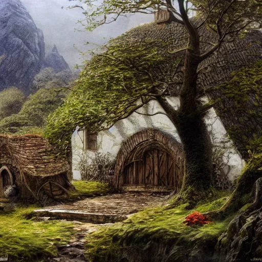 Image similar to a small serene fantasy village on the edge of the woods, by alan lee, lord of the rings, smooth, detailed terrain, oil painting, matte painting, concept art, trending on artstation