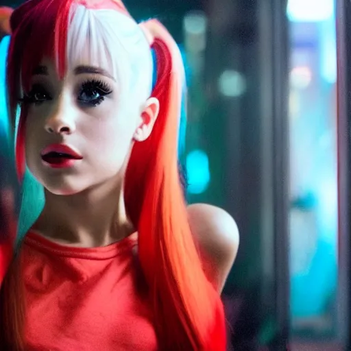 Image similar to Ariana Grande as real-life Harley Quinn, cinematic, Wide-shot, atmospheric lighting, directed by Ti West, extreme detail, 8K, movie still