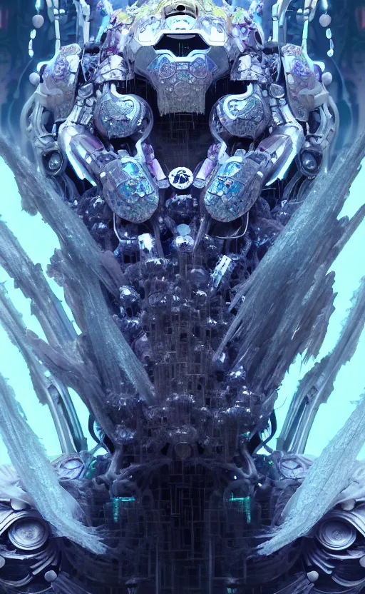 Image similar to oimmortal beast from chinese mythology, ghost, gorgeous and huge head ornaments, dystopian, cyberpunk, organic fractal mycelum and fungi, mecha, halfturn portrait of a big crystal face made of crystals half - turn, ominous, intricate, studio, art by anthony macbain + greg rutkowski + alphonse mucha, concept art, 4 k, sharp focus