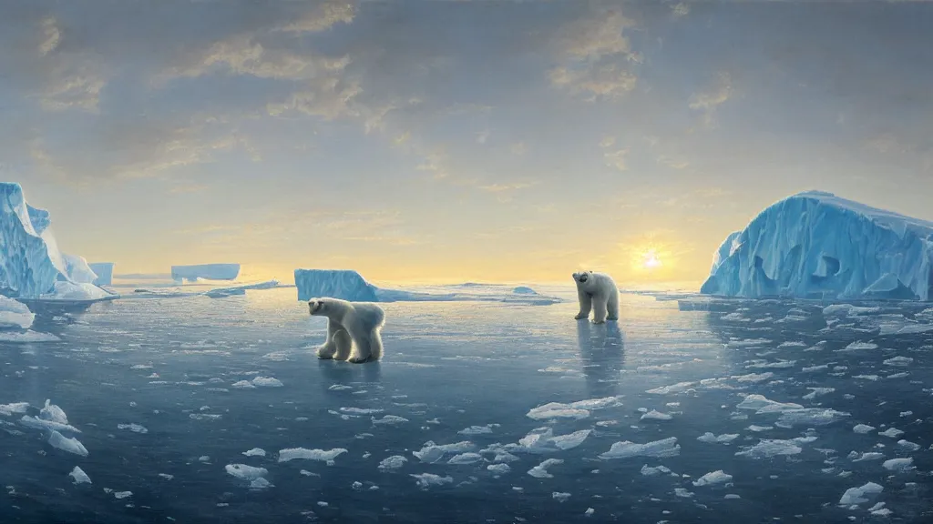 Prompt: the most beautiful panoramic landscape, oil painting, where a giant iceberg is lost in the frozen artic ocean, a giant polar bear is exhaling steam while walking over the iceberg, the frozen artic ocean is reflecting the giant polar bear and the ray lights of the sunrise are brightening him, by greg rutkowski