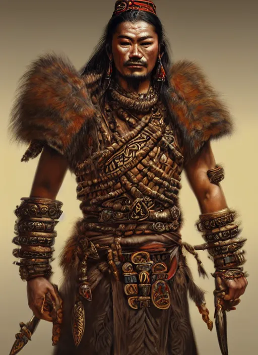 Prompt: tai warlord, portrait, historical, ethnic group, traditional costume, leather armor, fantasy, intricate, with dong son bronze artifacts, beads cross onbare chest, elegant, loin cloth, highly detailed, oill painting, artstation, concept art, matte, sharp focus, illustration, hearthstone, art by earl norem