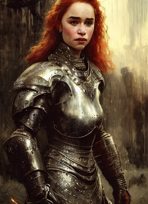 Prompt: happy redhead emilia clarke wearing shiny black medieval armour, detailed, by gaston bussiere, bayard wu, greg rutkowski, giger, maxim verehin, greg rutkowski, masterpiece, sharp focus, cinematic lightning