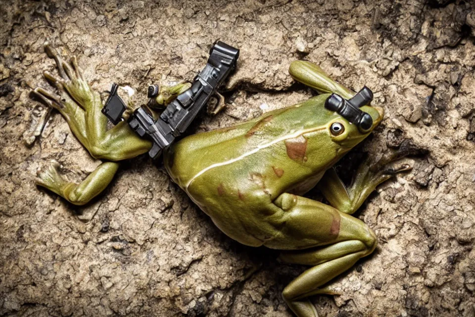 Prompt: muscular frog soldier holding a gun going to war, nature photography