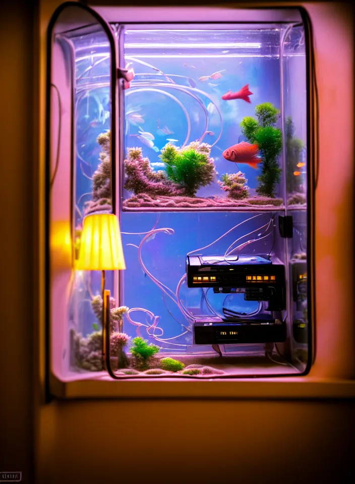 Image similar to telephoto 7 0 mm f / 2. 8 iso 2 0 0 photograph depicting the feeling of chrysalism in a cosy safe cluttered french sci - fi ( ( art nouveau ) ) cyberpunk apartment in a pastel dreamstate art cinema style. ( cat ) ( ( fish tank ) ), ambient light.