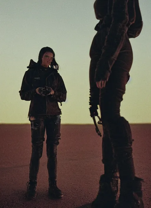 Image similar to cinestill 5 0 d photographic portrait of two loving female androids wearing rugged black techwear on a desolate plain with a red sky, extreme closeup, lizard on ground, cyberpunk style, in front of a brutalist dark metal facility, dust storm, 3 5 mm, 8 k, f / 3 2, high resolution, ultra realistic faces