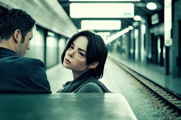 Image similar to vfx film closeup couple in a train station flat color profile low - key lighting award winning photography arri alexa cinematography, hyper real cinematic beautiful natural skin, famous face, atmospheric cool colorgrade