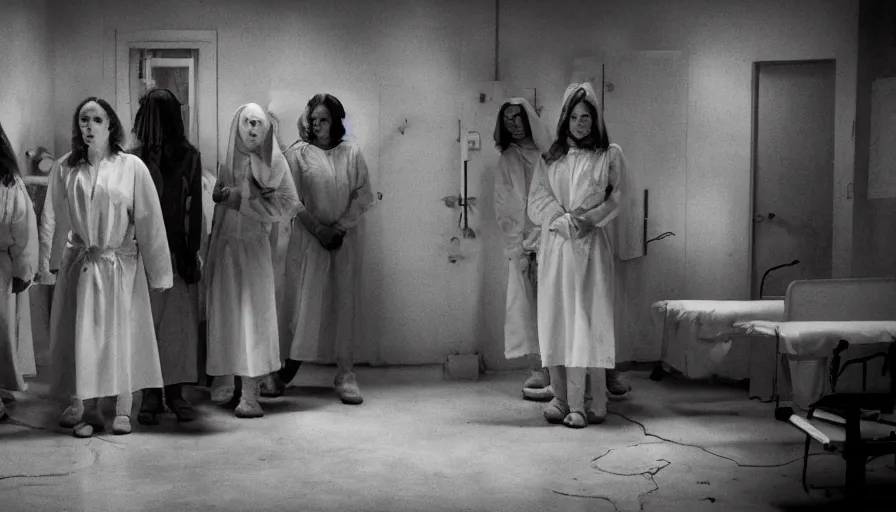 Prompt: Horror movie set in a darkly lit asylum, where the nurses are part of a satanic cult