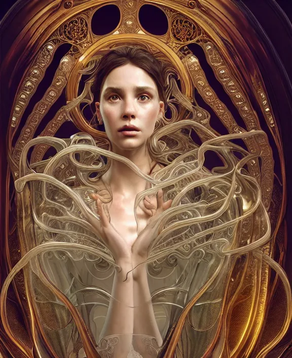 Prompt: intricate ornate opulent transparent clear see - through portrait of a terrifying beautiful alien mollusk, mottled coloring, adorable, childlike, pastoral environment, ultra realistic, concept art, art nouveau, photorealistic, octane render, 8 k, unreal engine. art by christopher marley and artgerm and greg rutkowski and alphonse mucha