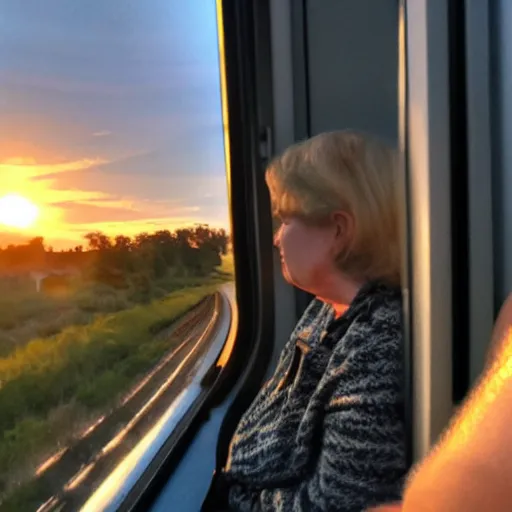 Prompt: watching the sunset from the train window with my mom,