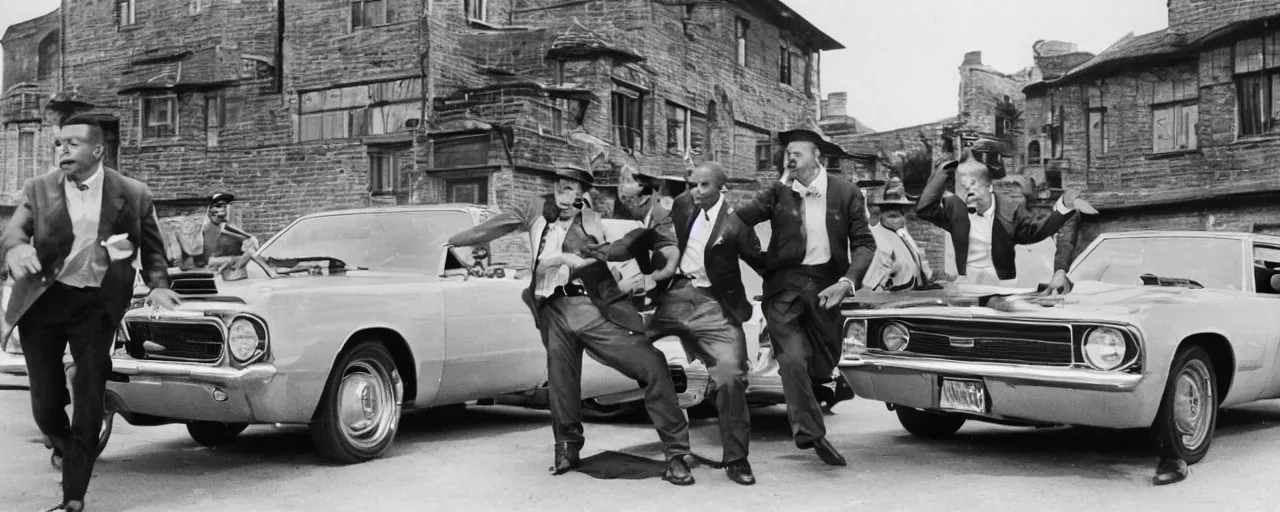 Image similar to gangsters showboating with wads in front of a muscle car