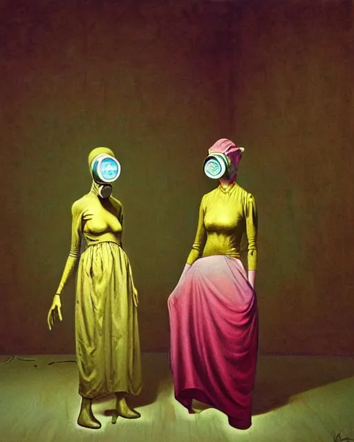 Prompt: Two skinny old figures, wearing gas mask helmets, draped in silky gold, green and pink fabric, inside an abandoned hospital room, loss in despair, transhumanist evolution, maximalism, part by James Jean. part by Kati Heck, Esao Andrews, Edward Hopper, surrealism, dark art by Beksinski and Yamamoto hypersurrealism