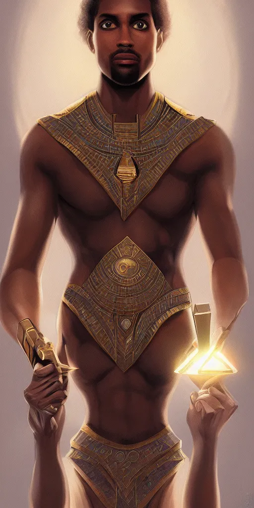 Image similar to symmetry!! brown skin man egyptian prince holding scepter of power, solid cube of light, hard edges, product render retro - futuristic poster scifi, lasers coming from eyes, brown skin man egyptian prince, intricate, elegant, highly detailed, digital painting, artstation, concept art, smooth, sharp focus, illustration, dreamlike, art by artgerm