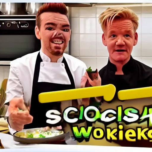 Image similar to Jacksepticeye cooks a 5 star meal, Gordon Ramsay is impressed and in shock