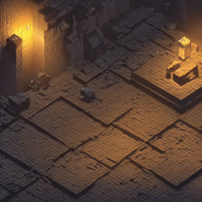 Image similar to isometric view of a dimly lit dungeon, broken tiles and debris, a 3 d render by paul kelpe, cgsociety contest winner, volumetric lighting, cinematic lighting, isometric