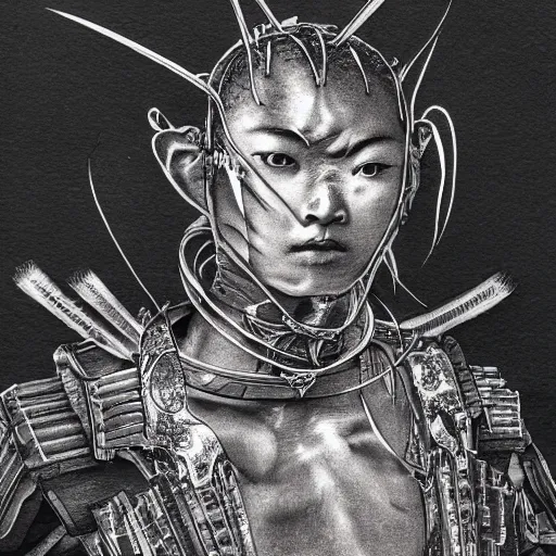 Image similar to japanese futuristic warrior with many scars, high detail, hyperdetailed, hard ink, no pencils, drawing