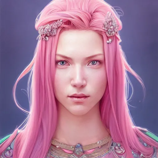 Image similar to perfectly-centered-Portrait of a pink haired Goddess, The Perfect Human Female Specimen, intricate, elegant, super highly detailed, professional digital painting, artstation, concept art, smooth, sharp focus, no blur, no dof, extreme illustration, Unreal Engine 5, 8K, art by artgerm and greg rutkowski and alphonse mucha loish and WLOP