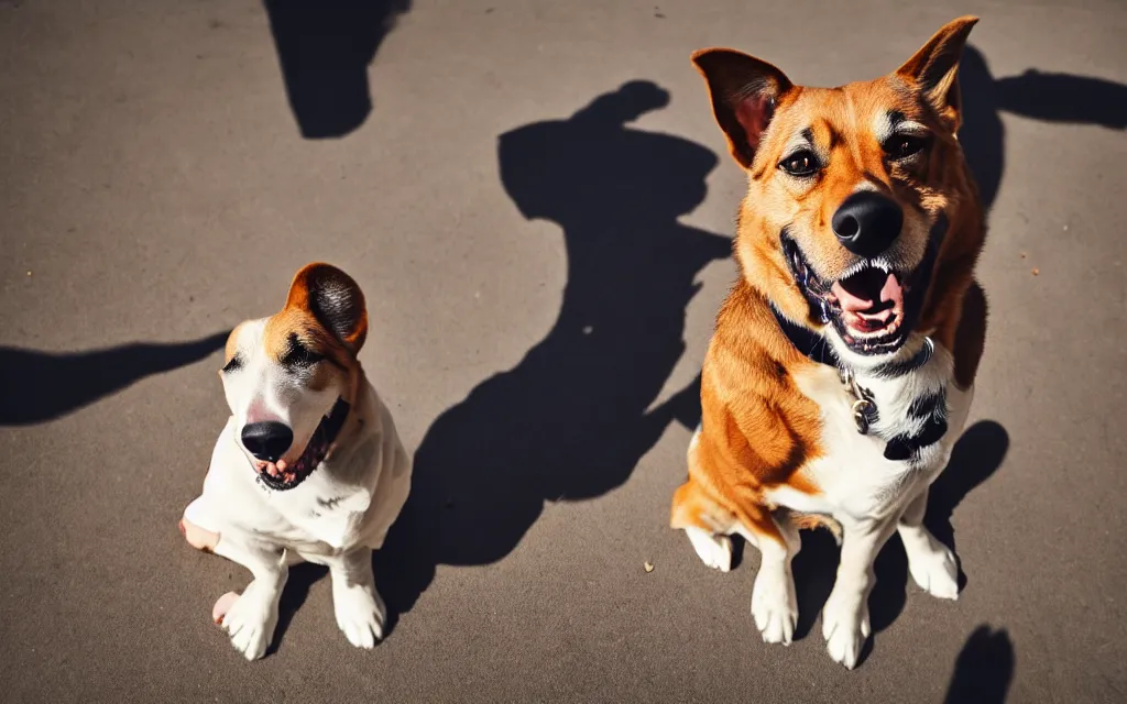 Prompt: a 3 5 mm photo of a dog, sigma 2 4 mm f / 8,, smiling,, sitting, warm lighting, strong shadow, cinematic, realistic,