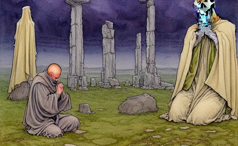 Prompt: a hyperrealist watercolour character concept art portrait of a grey medieval monk kneeling down in prayer in front of a tall grey alien structure built on top of stone henge on a misty night. by rebecca guay, michael kaluta, charles vess and jean moebius giraud