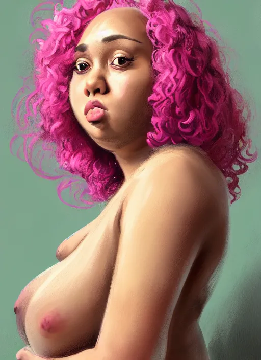 Image similar to full body portrait, teenage vanessa morgan, pink hair, brown skin, obese, curly pixie hair, sultry, realistic, short hair, hoop earrings, skirt, shirt, fat, belly, intricate, elegant, highly detailed, digital painting, artstation, concept art, smooth, sharp focus, illustration, art by wlop, mars ravelo and greg rutkowski