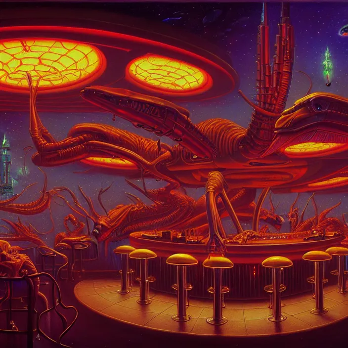 Prompt: a bar at an alien casino, tim hildebrandt, wayne barlowe, bruce pennington, donato giancola, larry elmore, oil on canvas, masterpiece, trending on artstation, featured on pixiv, cinematic composition, dramatic pose, beautiful lighting, sharp, details, hyper - detailed, hd, hdr, 4 k, 8 k