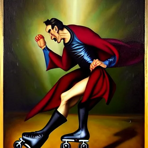 Prompt: dynamic composition, a painting of dracula the vampire skating on roller skates in a medieval roller rink, a surrealist painting by tom bagshaw and jacek yerga and tamara de lempicka and jesse king, featured on cgsociety, pop surrealism, surrealist, dramatic lighting, wiccan, full body portrait, pre - raphaelite, ornate gilded details