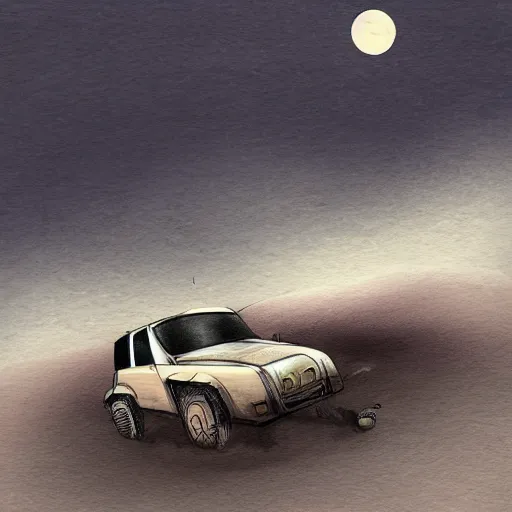 Image similar to car driving up mountain at night with moon in the sky, desert, old car, sketch, concept art, fantasy, intricate, highly detailed, digital painting, elegant