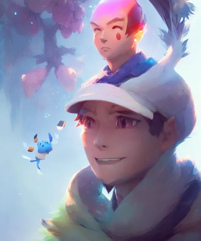 Prompt: a beautiful portrait of a male pokemon trainer. character design by cory loftis, fenghua zhong, ryohei hase, ismail inceoglu and ruan jia. artstation, volumetric light, detailed, photorealistic, fantasy, rendered in octane