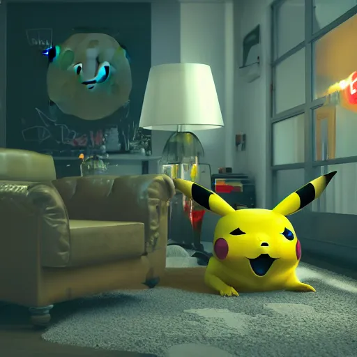 Image similar to Pikachu taking a bong rip while sitting on the couch, unreal engine 5, octane render, cgsociety, living room interior, soft lighting, ray tracing